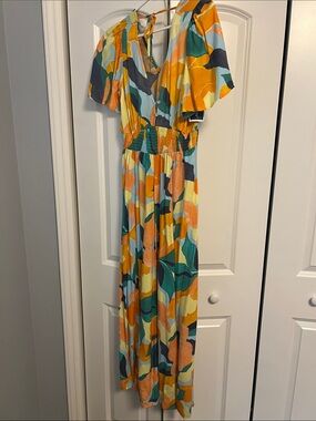 Colorful Abstract Maxi Dress in Yellow, Teal & Coral